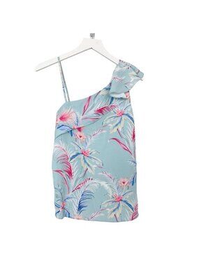Amanda Uprichard Floral One-Shoulder Ruffle Top Mint/Sky Blue